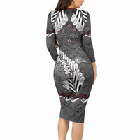 New Zealand Weka Personalised Long Sleeve Bodycon Dress Aotearoa Hen Silver Fern Maori Pattern LT22 - Polynesian Pride