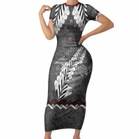 New Zealand Weka Personalised Short Sleeve Bodycon Dress Aotearoa Hen Silver Fern Maori Pattern LT22 Long Dress Black - Polynesian Pride