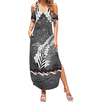 New Zealand Weka Personalised Summer Maxi Dress Aotearoa Hen Silver Fern Maori Pattern LT22 Women Black - Polynesian Pride