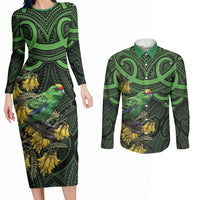 New Zealand Parakeet Bird Couples Matching Long Sleeve Bodycon Dress and Long Sleeve Button Shirt Maori Kakariki Kowhai Maori Pattern