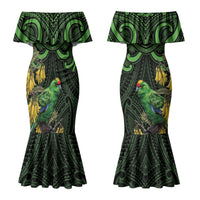 New Zealand Parakeet Bird Couples Matching Mermaid Dress and Hawaiian Shirt Maori Kakariki Kowhai Maori Pattern
