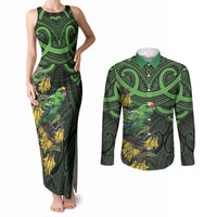 New Zealand Parakeet Bird Couples Matching Tank Maxi Dress and Long Sleeve Button Shirt Maori Kakariki Kowhai Maori Pattern
