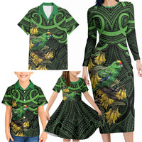 New Zealand Parakeet Bird Family Matching Long Sleeve Bodycon Dress and Hawaiian Shirt Maori Kakariki Kowhai Maori Pattern LT22 - Polynesian Pride