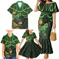 New Zealand Parakeet Bird Family Matching Mermaid Dress and Hawaiian Shirt Maori Kakariki Kowhai Maori Pattern LT22 - Polynesian Pride