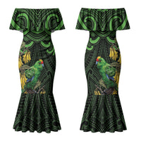 New Zealand Parakeet Bird Family Matching Mermaid Dress and Hawaiian Shirt Maori Kakariki Kowhai Maori Pattern LT22 Mom's Dress Green - Polynesian Pride