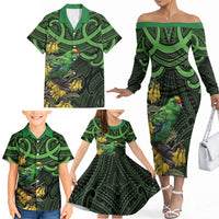 New Zealand Parakeet Bird Family Matching Off The Shoulder Long Sleeve Dress and Hawaiian Shirt Maori Kakariki Kowhai Maori Pattern LT22 - Polynesian Pride