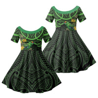 New Zealand Parakeet Bird Family Matching Off The Shoulder Long Sleeve Dress and Hawaiian Shirt Maori Kakariki Kowhai Maori Pattern LT22 Daughter's Dress Green - Polynesian Pride