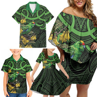 New Zealand Parakeet Bird Family Matching Off Shoulder Short Dress and Hawaiian Shirt Maori Kakariki Kowhai Maori Pattern LT22 - Polynesian Pride