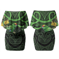 New Zealand Parakeet Bird Family Matching Off Shoulder Short Dress and Hawaiian Shirt Maori Kakariki Kowhai Maori Pattern LT22 Mom's Dress Green - Polynesian Pride