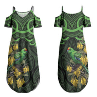 New Zealand Parakeet Bird Family Matching Summer Maxi Dress and Hawaiian Shirt Maori Kakariki Kowhai Maori Pattern LT22 Mom's Dress Green - Polynesian Pride