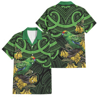New Zealand Parakeet Bird Family Matching Summer Maxi Dress and Hawaiian Shirt Maori Kakariki Kowhai Maori Pattern LT22 Dad's Shirt - Short Sleeve Green - Polynesian Pride