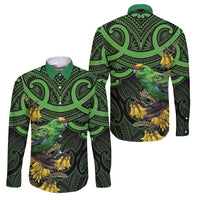 New Zealand Parakeet Bird Family Matching Summer Maxi Dress and Hawaiian Shirt Maori Kakariki Kowhai Maori Pattern LT22 Dad's Shirt - Long Sleeve Green - Polynesian Pride