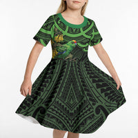 New Zealand Parakeet Bird Kid Short Sleeve Dress Maori Kakariki Kowhai Maori Pattern LT22 - Polynesian Pride