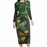 New Zealand Parakeet Bird Long Sleeve Bodycon Dress Maori Kakariki Kowhai Maori Pattern