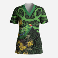 New Zealand Parakeet Bird Scrub Top Maori Kakariki Kowhai Maori Pattern