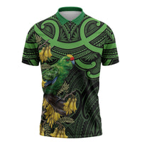New Zealand Parakeet Bird Zipper Polo Shirt Maori Kakariki Kowhai Maori Pattern LT22 Green - Polynesian Pride