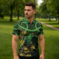 New Zealand Parakeet Bird Zipper Polo Shirt Maori Kakariki Kowhai Maori Pattern LT22 - Polynesian Pride
