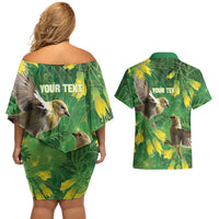 Bellbird New Zealand Personalised Couples Matching Off Shoulder Short Dress and Hawaiian Shirt Kowhai Flower Maori Pattern