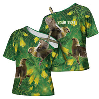 Bellbird New Zealand Personalised Cross Shoulder Shirt Kowhai Flower Maori Pattern LT22 - Polynesian Pride