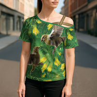 Bellbird New Zealand Personalised Cross Shoulder Shirt Kowhai Flower Maori Pattern LT22 - Polynesian Pride