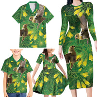 Bellbird New Zealand Personalised Family Matching Long Sleeve Bodycon Dress and Hawaiian Shirt Kowhai Flower Maori Pattern