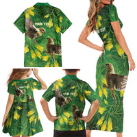 Bellbird New Zealand Personalised Family Matching Short Sleeve Bodycon Dress and Hawaiian Shirt Kowhai Flower Maori Pattern