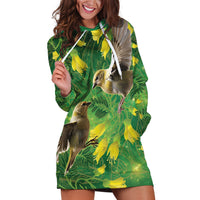 Bellbird New Zealand Personalised Hoodie Dress Kowhai Flower Maori Pattern LT22 Green - Polynesian Pride