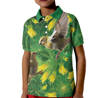 Bellbird New Zealand Personalised Kid Polo Shirt Kowhai Flower Maori Pattern LT22 Kid Green - Polynesian Pride
