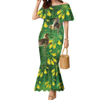 Bellbird New Zealand Personalised Mermaid Dress Kowhai Flower Maori Pattern LT22 Women Green - Polynesian Pride