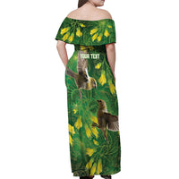 Bellbird New Zealand Personalised Off Shoulder Maxi Dress Kowhai Flower Maori Pattern LT22 - Polynesian Pride