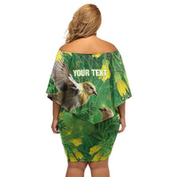 Bellbird New Zealand Personalised Off Shoulder Short Dress Kowhai Flower Maori Pattern LT22 - Polynesian Pride