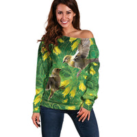 Bellbird New Zealand Personalised Off Shoulder Sweater Kowhai Flower Maori Pattern LT22 Women Green - Polynesian Pride