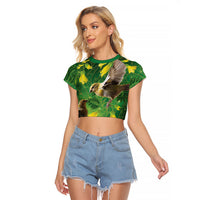 Bellbird New Zealand Personalised Raglan Cropped T Shirt Kowhai Flower Maori Pattern LT22 Female Green - Polynesian Pride