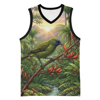 Bellbird New Zealand Personalised Basketball Jersey Korimako Harakeke Flower Native Forest LT22 Unisex Green - Polynesian Pride