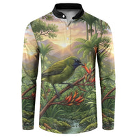 Bellbird New Zealand Personalised Button Sweatshirt Korimako Harakeke Flower Native Forest LT22 Green - Polynesian Pride