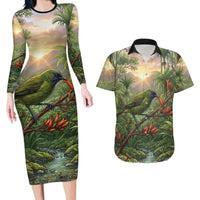 Bellbird New Zealand Personalised Couples Matching Long Sleeve Bodycon Dress and Hawaiian Shirt Korimako Harakeke Flower Native Forest