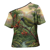 Bellbird New Zealand Personalised Cross Shoulder Shirt Korimako Harakeke Flower Native Forest LT22 - Polynesian Pride