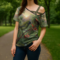 Bellbird New Zealand Personalised Cross Shoulder Shirt Korimako Harakeke Flower Native Forest LT22 - Polynesian Pride