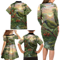 Bellbird New Zealand Personalised Family Matching Long Sleeve Bodycon Dress and Hawaiian Shirt Korimako Harakeke Flower Native Forest