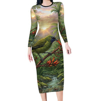 Bellbird New Zealand Personalised Family Matching Long Sleeve Bodycon Dress and Hawaiian Shirt Korimako Harakeke Flower Native Forest