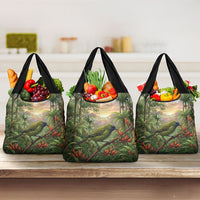 Bellbird New Zealand Personalised Grocery Bag Korimako Harakeke Flower Native Forest LT22 3-pack One Size Green - Polynesian Pride
