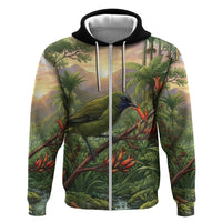 Bellbird New Zealand Personalised Hoodie Korimako Harakeke Flower Native Forest LT22 Zip Hoodie Green - Polynesian Pride