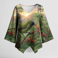 Bellbird New Zealand Personalised Kimono Sleeve Blouse Korimako Harakeke Flower Native Forest LT22 Female Green - Polynesian Pride