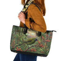 Bellbird New Zealand Personalised Leather Tote Bag Korimako Harakeke Flower Native Forest LT22 Green - Polynesian Pride