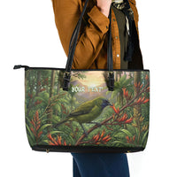 Bellbird New Zealand Personalised Leather Tote Bag Korimako Harakeke Flower Native Forest LT22 - Polynesian Pride