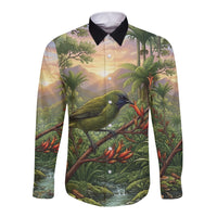 Bellbird New Zealand Personalised Long Sleeve Button Shirt Korimako Harakeke Flower Native Forest LT22 Unisex Green - Polynesian Pride