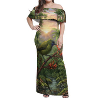Bellbird New Zealand Personalised Off Shoulder Maxi Dress Korimako Harakeke Flower Native Forest LT22 Women Green - Polynesian Pride