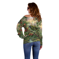 Bellbird New Zealand Personalised Off Shoulder Sweater Korimako Harakeke Flower Native Forest
