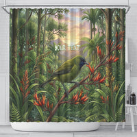 Bellbird New Zealand Personalised Shower Curtain Korimako Harakeke Flower Native Forest LT22 - Polynesian Pride