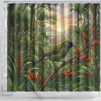 Bellbird New Zealand Personalised Shower Curtain Korimako Harakeke Flower Native Forest LT22 - Polynesian Pride